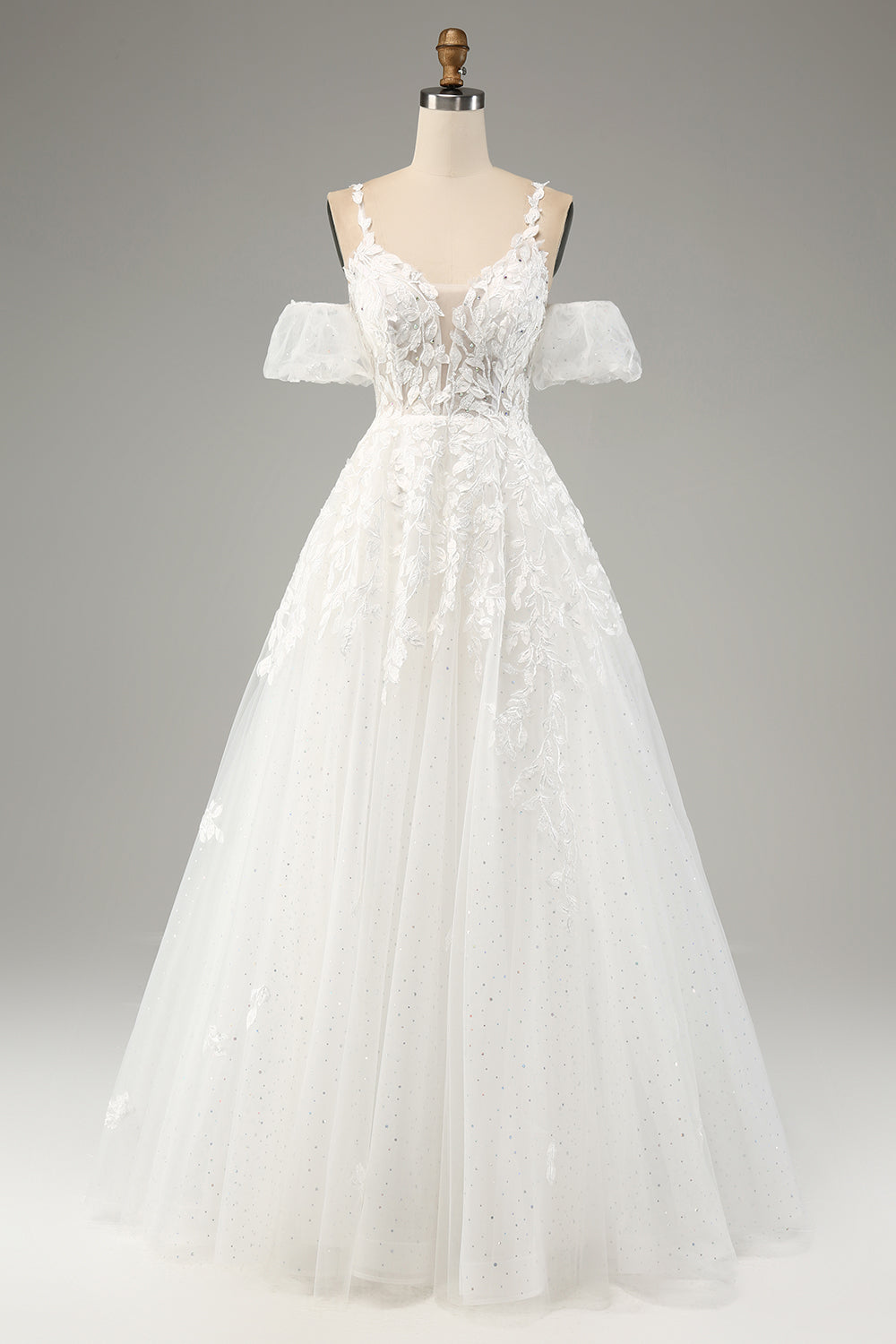 Elfenben A-Line tyl Spaghetti Stropper Brudekjole med applikationer