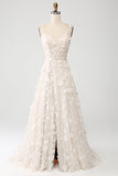 Abrikos A Line Spaghetti Straps Appliques Lang Wdding Kjole med slids