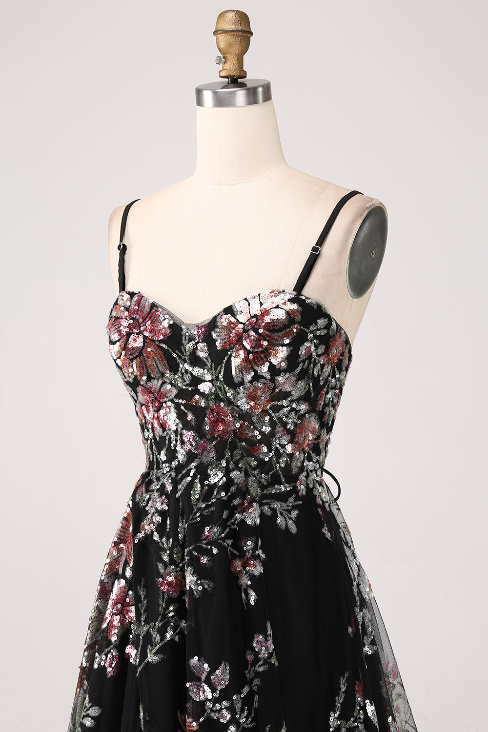 Sort A-Line Blomsterpailletter Lang korset gallakjole