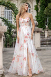Elfenbensblomst A Line Sweetheart Broderet Korset Lang gallakjole med slids