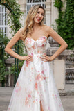 Elfenbensblomst A Line Sweetheart Broderet Korset Lang gallakjole med slids