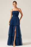 A Line Spaghetti Straps Tiered Navy Tulle Plisseret Prom Dress med slids