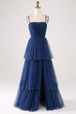 A Line Spaghetti Straps Tiered Tulle Plisseret Prom Dress med slids