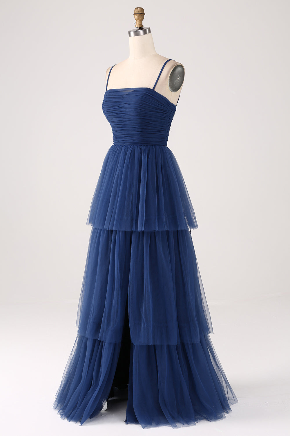 A Line Spaghetti Straps Tiered Tulle Plisseret Prom Dress med slids