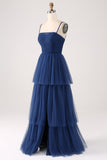 A Line Spaghetti Straps Tiered Tulle Plisseret Prom Dress med slids