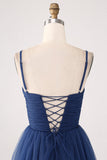 A Line Spaghetti Straps Tiered Tulle Plisseret Prom Dress med slids