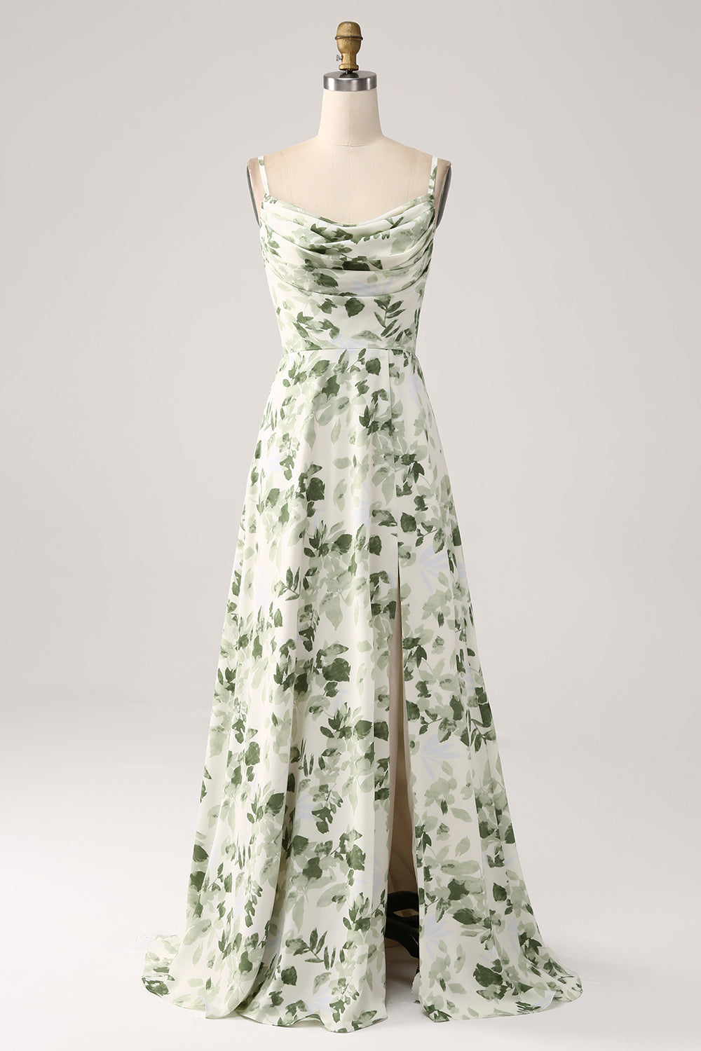 Cowl hals grøn blomster: A Line Prom Dress med slids