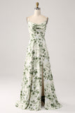 Cowl hals grøn blomster: A Line Prom Dress med slids