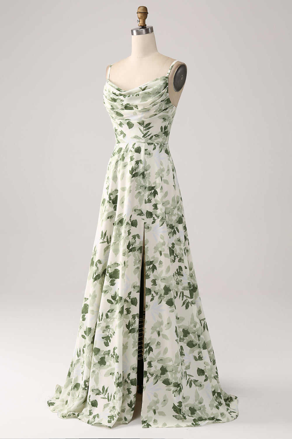 Cowl hals grøn blomster: A Line Prom Dress med slids