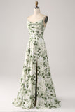 Cowl hals grøn blomster: A Line Prom Dress med slids