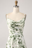 Cowl hals grøn blomster: A Line Prom Dress med slids