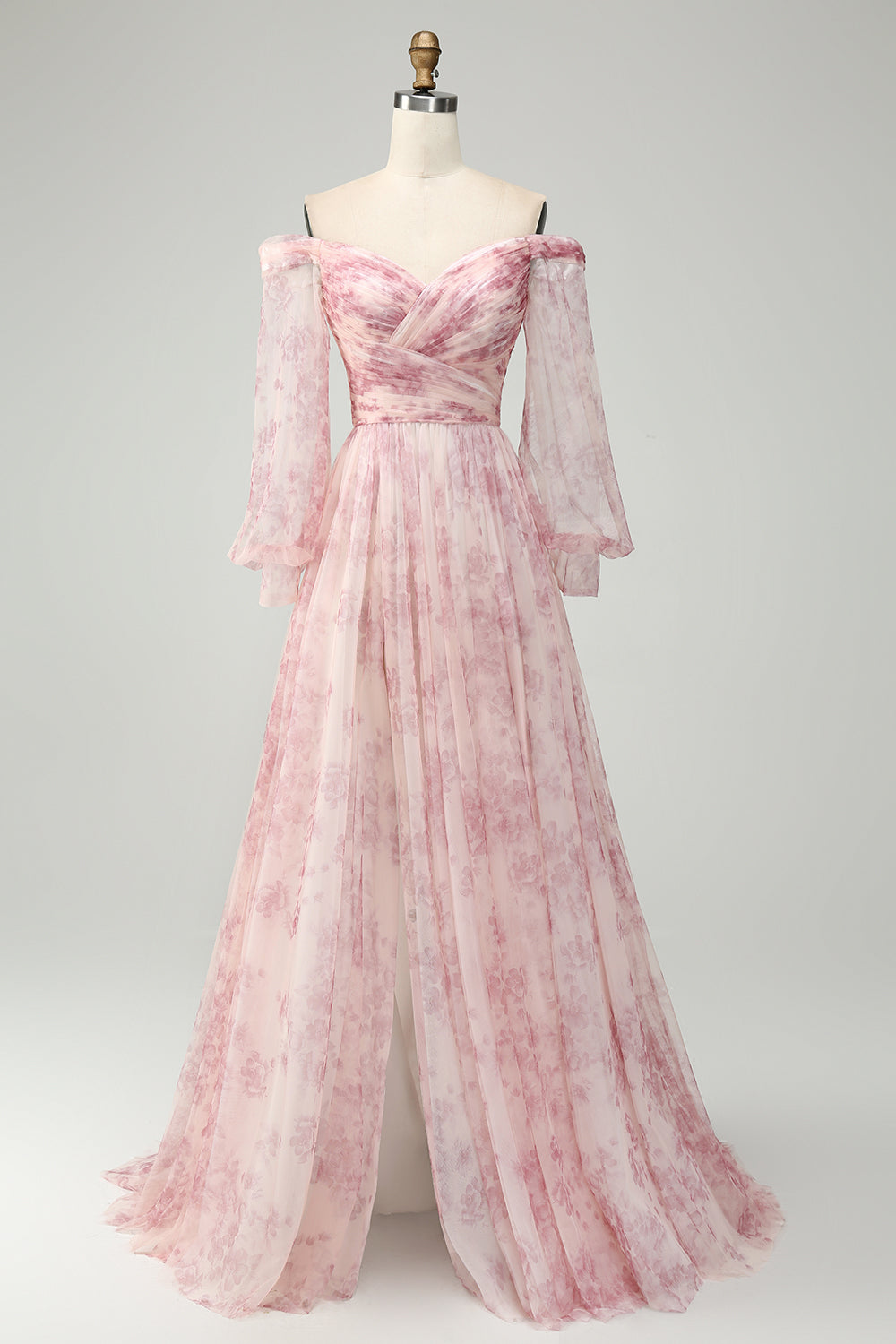 Blush Flower A-Line Off The Shoulder Print Prom Dress med slids