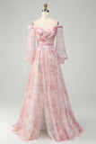 Blush Flower A-Line Off The Shoulder Print Prom Dress med slids