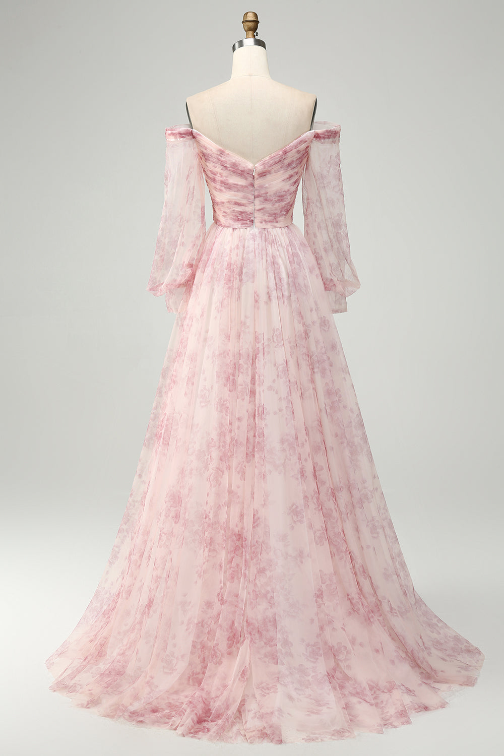 Blush Flower A-Line Off The Shoulder Print Prom Dress med slids