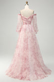 Blush Flower A-Line Off The Shoulder Print Prom Dress med slids