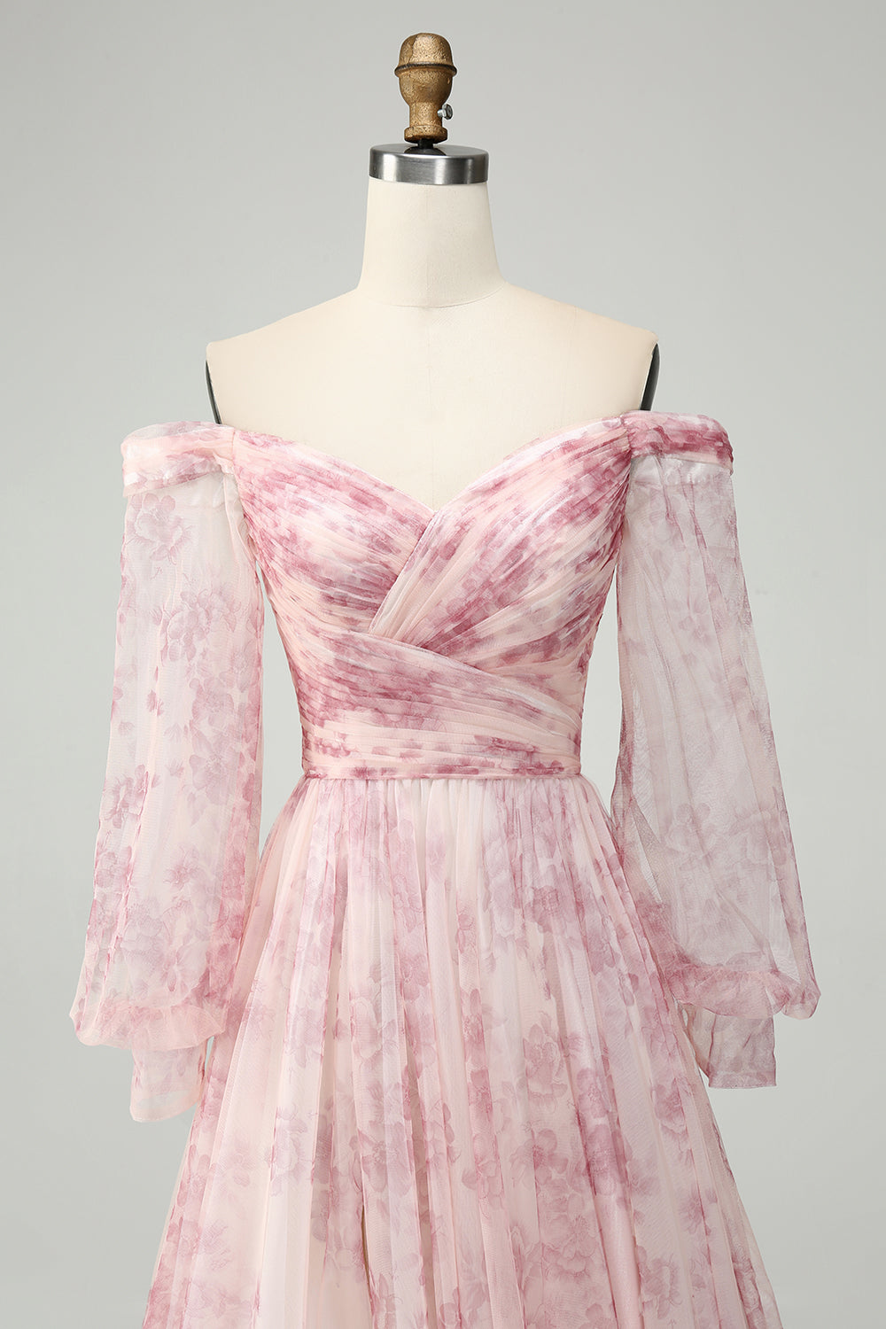 Blush Flower A-Line Off The Shoulder Print Prom Dress med slids