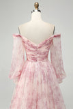 Blush Flower A-Line Off The Shoulder Print Prom Dress med slids
