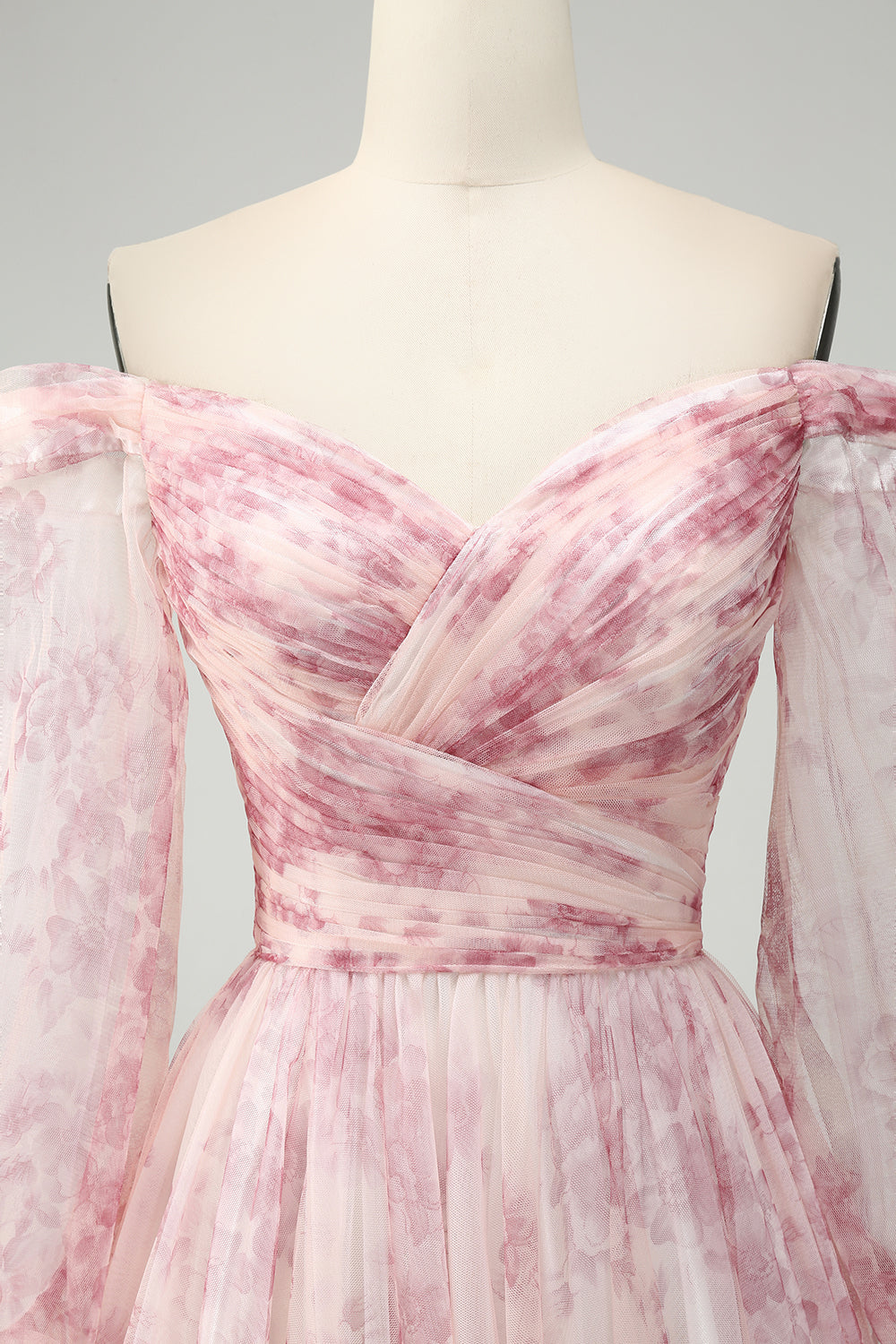 Blush Flower A-Line Off The Shoulder Print Prom Dress med slids