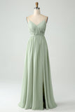 A-Line Dusty Sage Chiffon Spaghetti Straps Lang brudepigekjole med slids