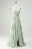 A Line Halter Chiffon Sage Green plisseret lang brudepigekjole med slids