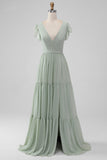 Matcha V hals A Line Chiffon lang brudepigekjole med slids