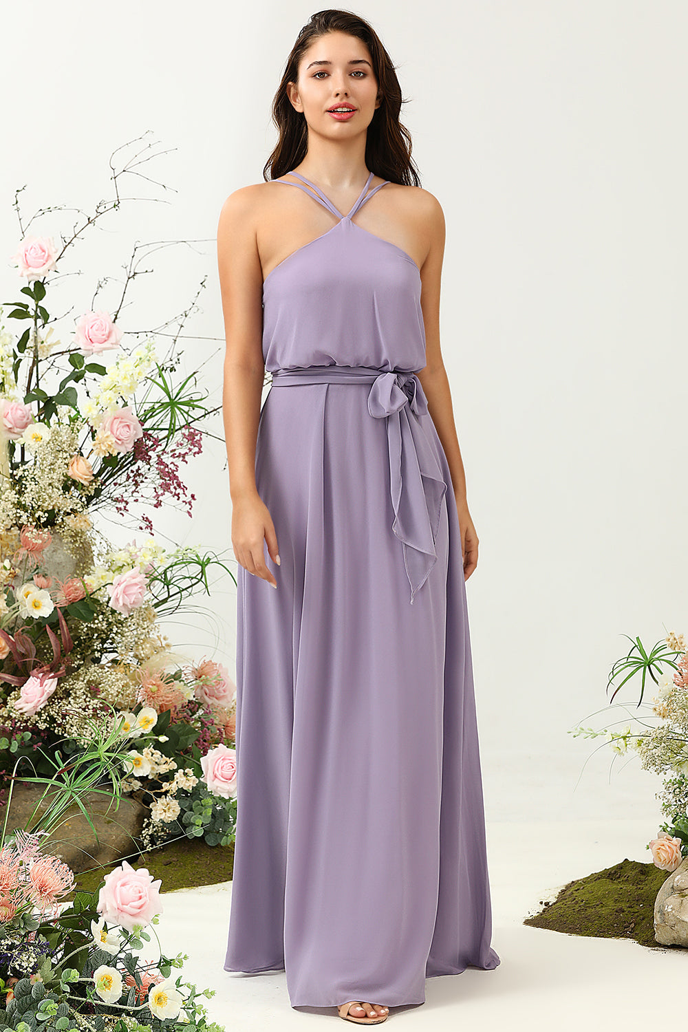 En Line Halter Purple Long Brudepige Kjole med Bowknot