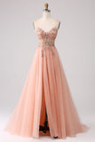 Sparkly Blush A Line Pailletter Spaghetti Stropper Lang gallakjole med slids