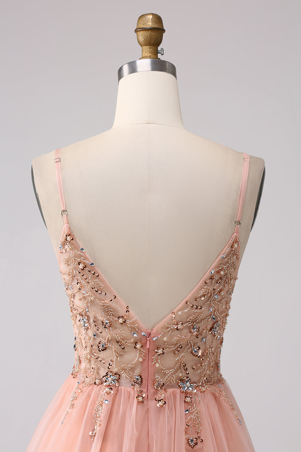 Sparkly Blush A Line Pailletter Spaghetti Stropper Lang gallakjole med slids