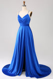 Royal Blue A Line Spaghetti Stropper Satin Prom Kjole med slids