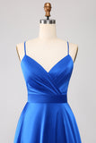 Royal Blue A Line Spaghetti Stropper Satin Prom Kjole med slids