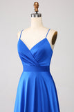 Royal Blue A Line Spaghetti Stropper Satin Prom Kjole med slids