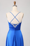 Royal Blue A Line Spaghetti Stropper Satin Prom Kjole med slids
