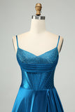 Sparkly Dark Blue A Line Corset Beaded Long Prom Dress med slids