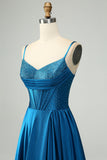 Sparkly Dark Blue A Line Corset Beaded Long Prom Dress med slids