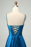 Sparkly Dark Blue A Line Corset Beaded Long Prom Dress med slids