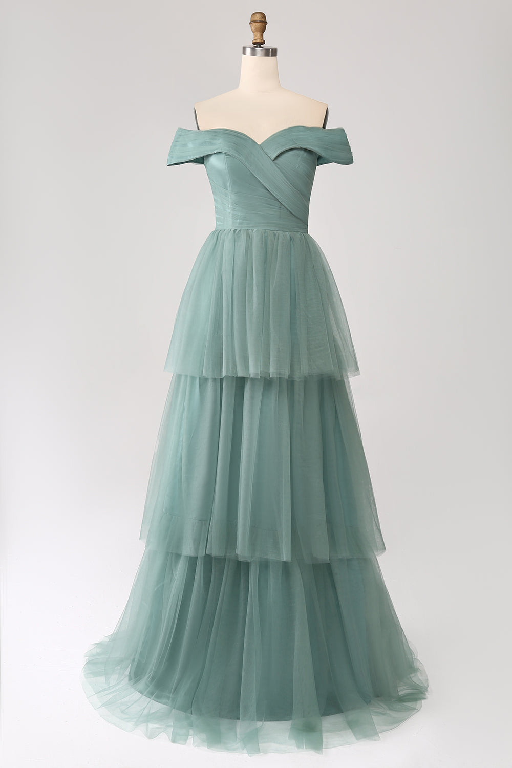 Grågrøn A Line Off the Shoulder Tiered Tulle A Line Prom Dress