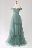 Grågrøn A Line Off the Shoulder Tiered Tulle A Line Prom Dress