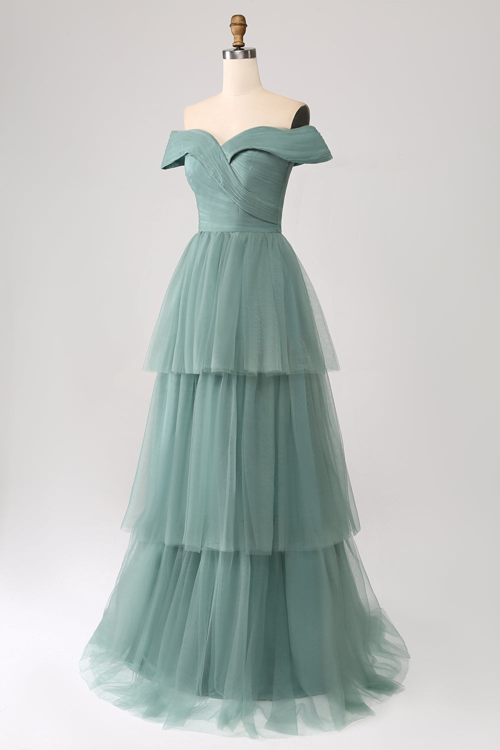 Grågrøn A Line Off the Shoulder Tiered Tulle A Line Prom Dress