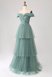 Grågrøn A Line Off the Shoulder Tiered Tulle A Line Prom Dress