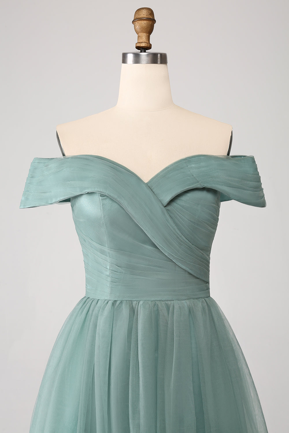 Grågrøn A Line Off the Shoulder Tiered Tulle A Line Prom Dress