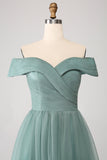 Grågrøn A Line Off the Shoulder Tiered Tulle A Line Prom Dress