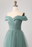 Grågrøn A Line Off the Shoulder Tiered Tulle A Line Prom Dress