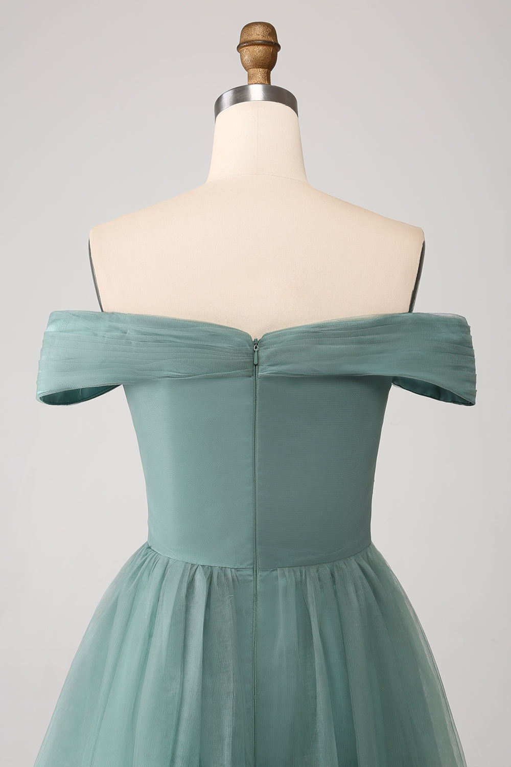 Grågrøn A Line Off the Shoulder Tiered Tulle A Line Prom Dress