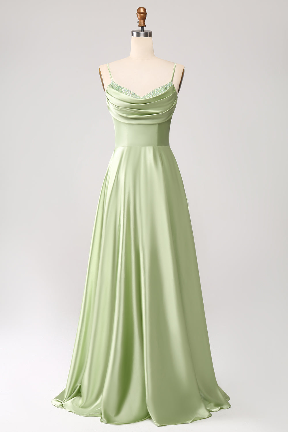 Støvet salvie A Line Cowl Neck Satin Long Prom Dress med plisseret