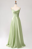 Støvet salvie A Line Cowl Neck Satin Long Prom Dress med plisseret