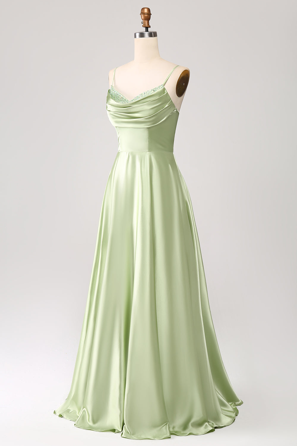 Støvet salvie A Line Cowl Neck Satin Long Prom Dress med plisseret