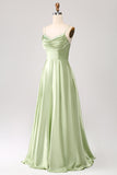 Støvet salvie A Line Cowl Neck Satin Long Prom Dress med plisseret