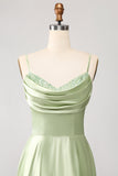 Støvet salvie A Line Cowl Neck Satin Long Prom Dress med plisseret