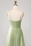 Støvet salvie A Line Cowl Neck Satin Long Prom Dress med plisseret