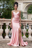 Blush Mermaid Spaghetti Straps Satin Long Prom Dress med slids